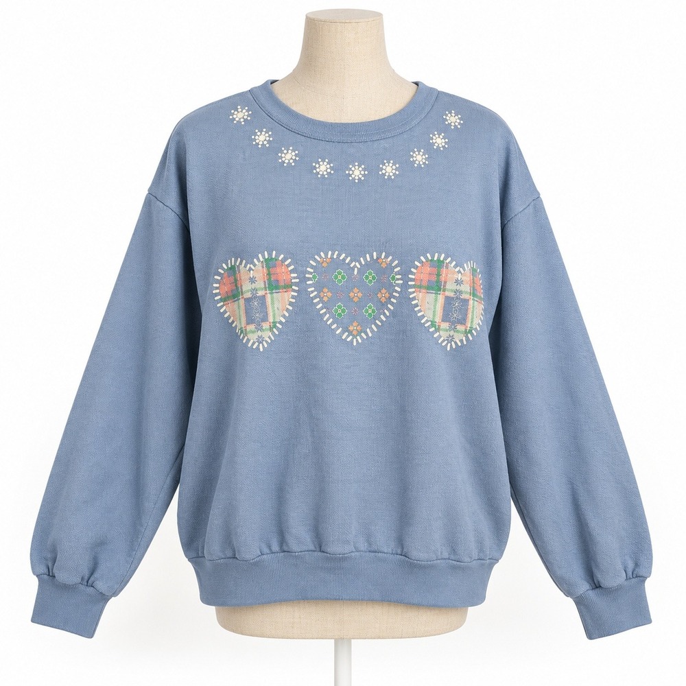 Vintage 90s Snowflake Heart Graphic Sweatshirt M Blue Holliday Christmas Cottage